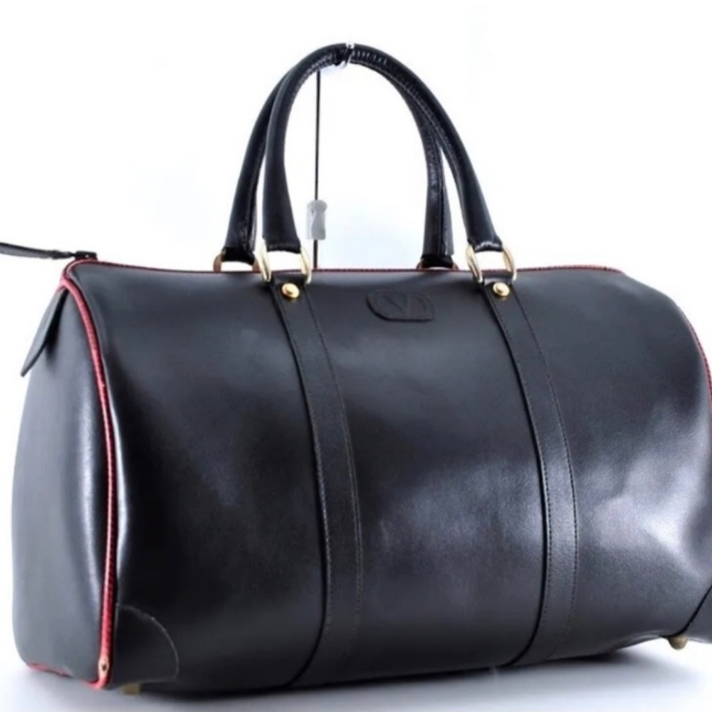 Valentino Garavani Black Leather Travel Duffle with Red Trim